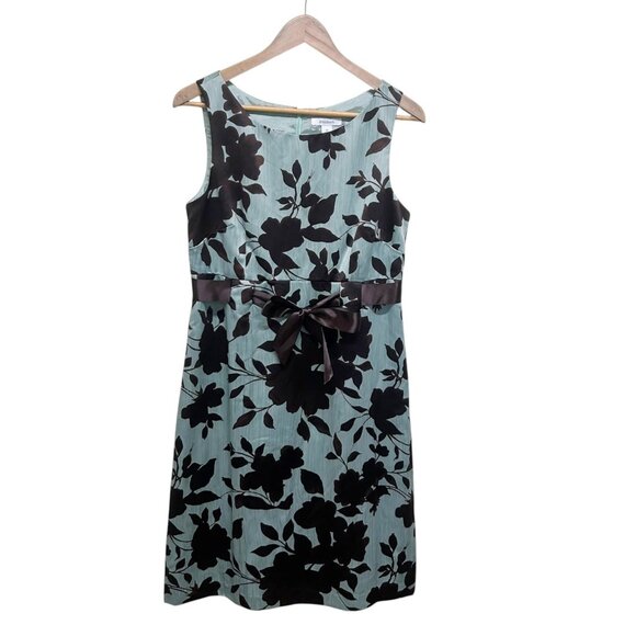 Dressbarn Green Brown Floral Lined Satiny Finish Sheath Dress Size 10 - Picture 1 of 5